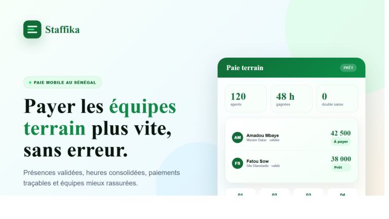 Interface Staffika montrant la paie mobile et les paiements des Ã©quipes terrain au SÃ©nÃ©gal.