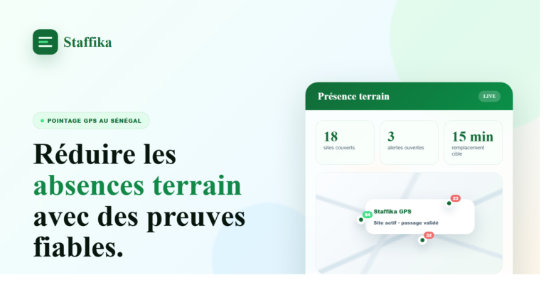 Tableau de bord Staffika montrant le pointage GPS et la présence des équipes terrain au Sénégal.