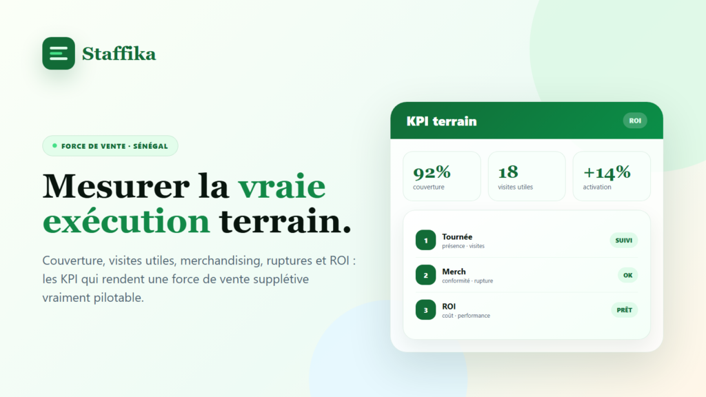 Couverture Staffika illustrant le pilotage d'une force de vente supplétive au Sénégal avec des KPI terrain, des visites commerciales et un reporting ROI.