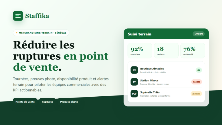 Couverture Staffika illustrant le pilotage du merchandising terrain au Sénégal avec suivi des points de vente, ruptures et preuves photo.