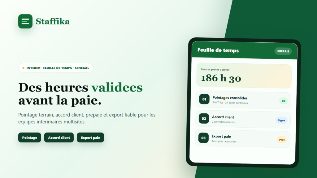 Couverture Staffika montrant une feuille de temps d'interim au Senegal avec pointage, accord client et export paie.