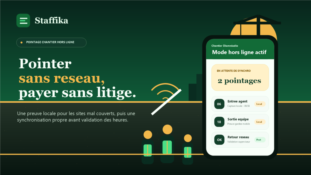 Illustration Staffika d'un chantier au Senegal avec pointage mobile hors ligne, signal coupe et synchronisation des heures.