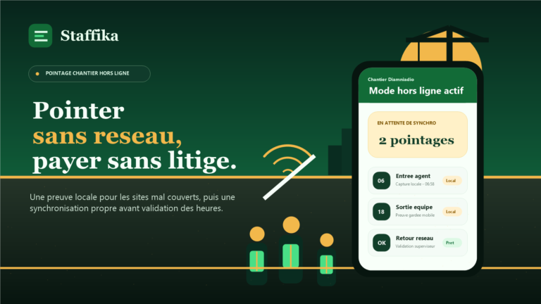 Illustration Staffika d'un chantier au Senegal avec pointage mobile hors ligne, signal coupe et synchronisation des heures.