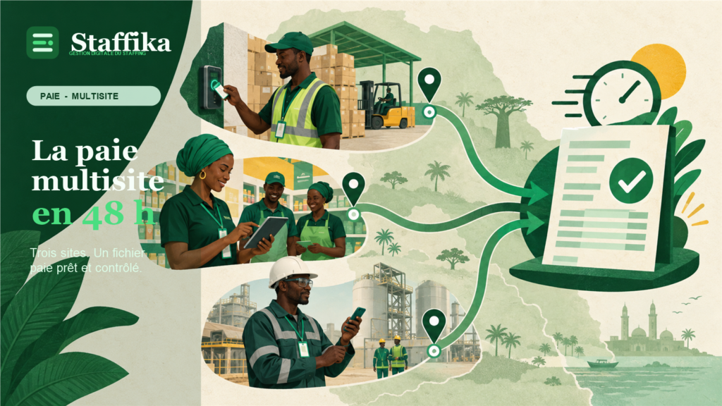 Illustration Staffika reliant le pointage d'un entrepot, d'un commerce et d'un site industriel a un fichier de paie multisite controle.