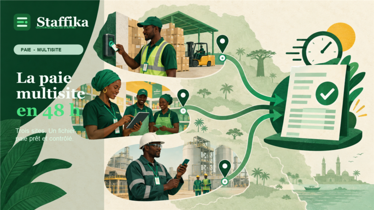 Illustration Staffika reliant le pointage d'un entrepot, d'un commerce et d'un site industriel a un fichier de paie multisite controle.