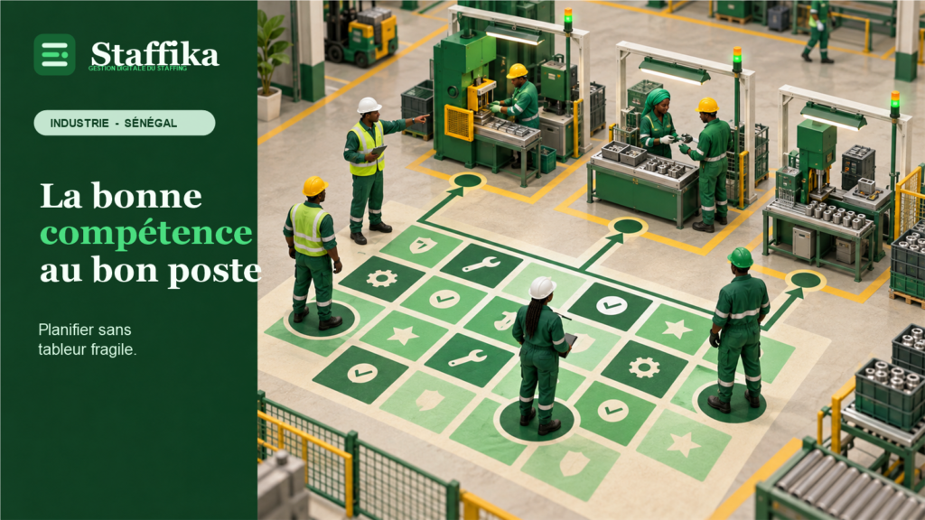 Illustration Staffika d'une usine où une matrice de compétences relie des opérateurs qualifiés aux postes de production.