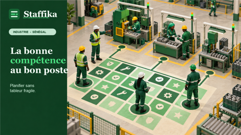 Illustration Staffika d'une usine où une matrice de compétences relie des opérateurs qualifiés aux postes de production.